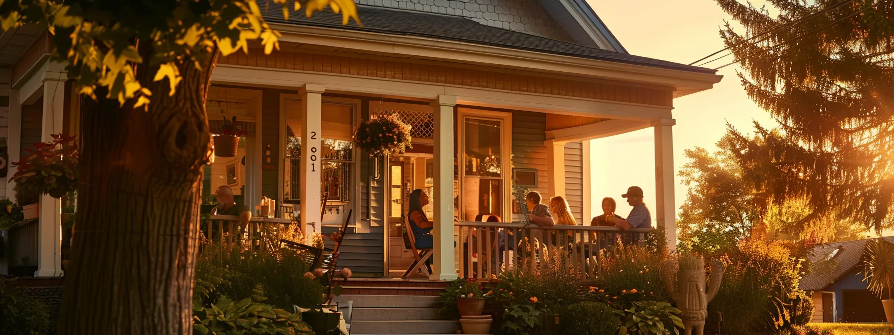 a charming canadian home features an elegant porch enclosure bathed in warm, golden light, showcasing people gathered inside, immersed in joyful conversation amidst vibrant surroundings.