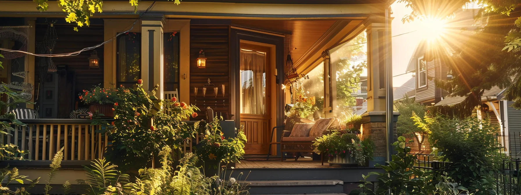 a charming canadian home showcases an elegant porch enclosure, bathed in warm golden sunlight, with cheerful residents enjoying the indoor patio amidst lush greenery and vibrant flowers.