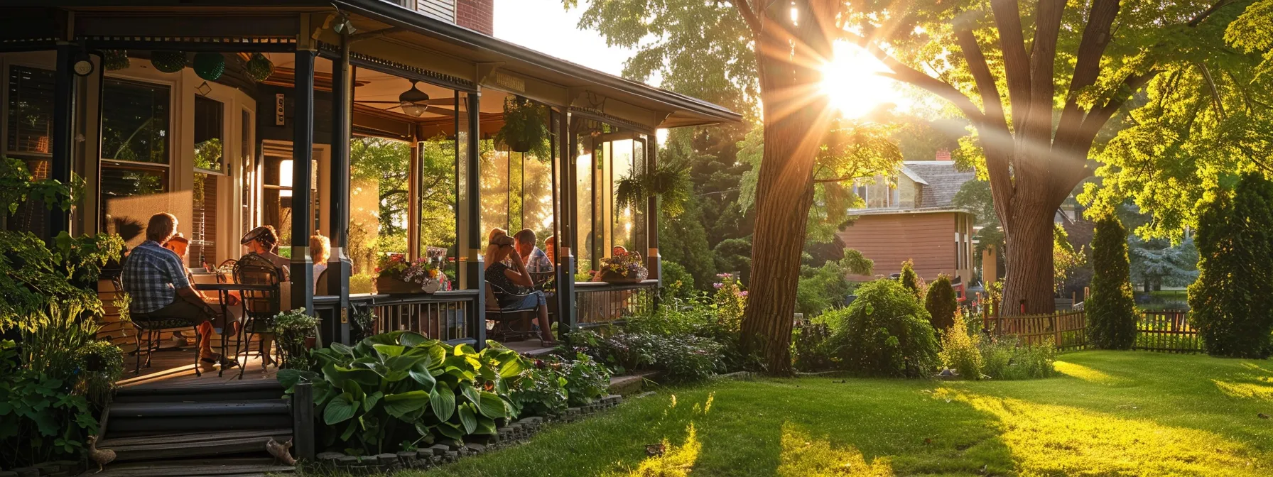 a picturesque canadian home with a charming porch enclosure, bathed in warm afternoon light, showcases people enjoying a cozy gathering indoors amidst vibrant greenery.