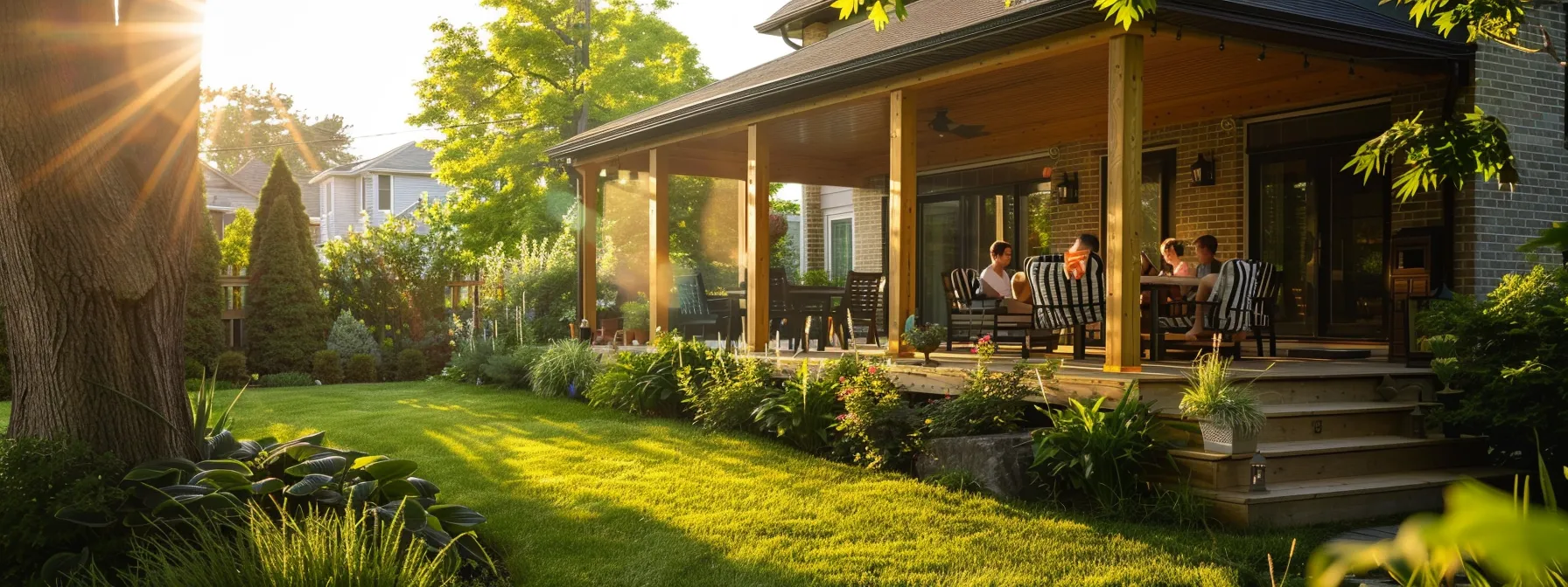 a stunning exterior view of a charming canadian home adorned with elegant porch enclosures, bathed in soft golden sunlight, revealing joyful individuals lounging and enjoying the serene indoor patio ambiance amidst lush greenery.