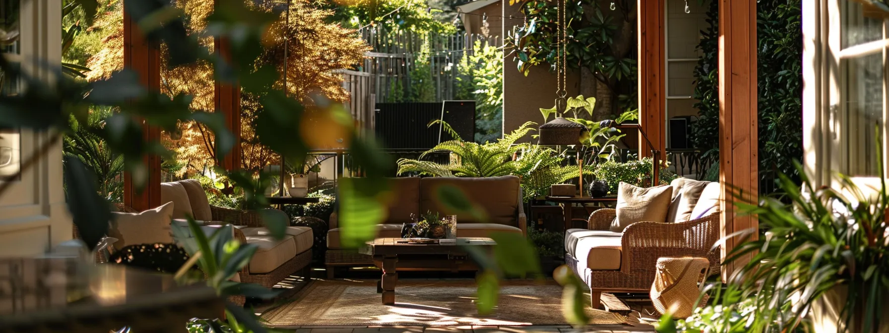 a stunning, sunlit porch enclosure of a charming canadian home, featuring lush greenery outside and inviting, comfortable furniture, creating a warm and welcoming atmosphere for relaxation.