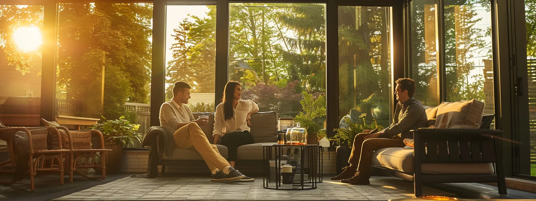 a warm, inviting image captures a stylish porch enclosure of a beautiful canadian home, where light filters through large windows, revealing joyful faces as people relax together in a serene indoor patio setting.